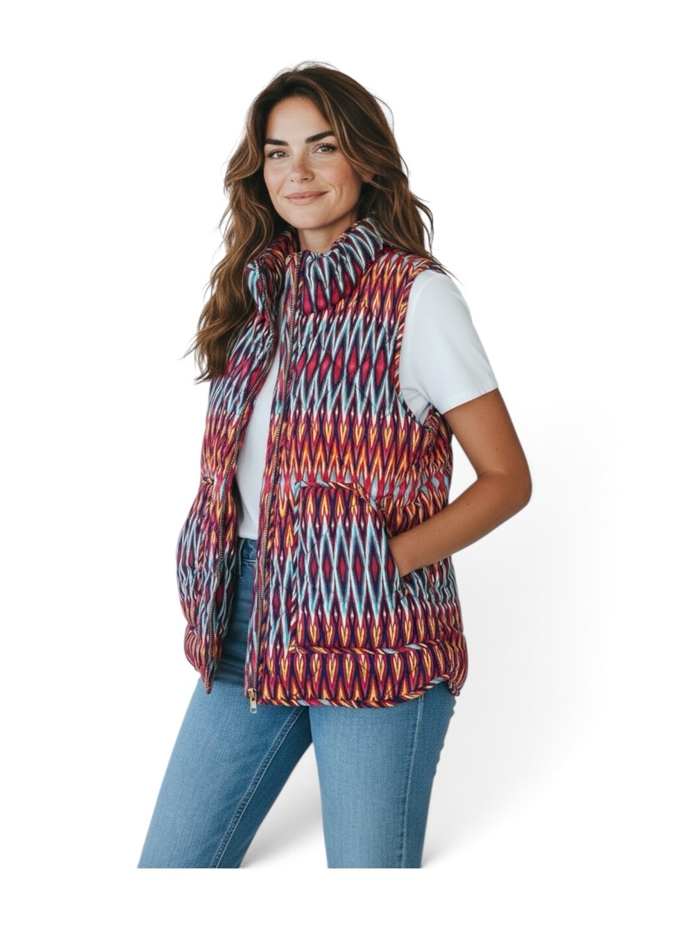 Peach Love California Multicolor Chevron/Ikat Quilted Vest – Size M